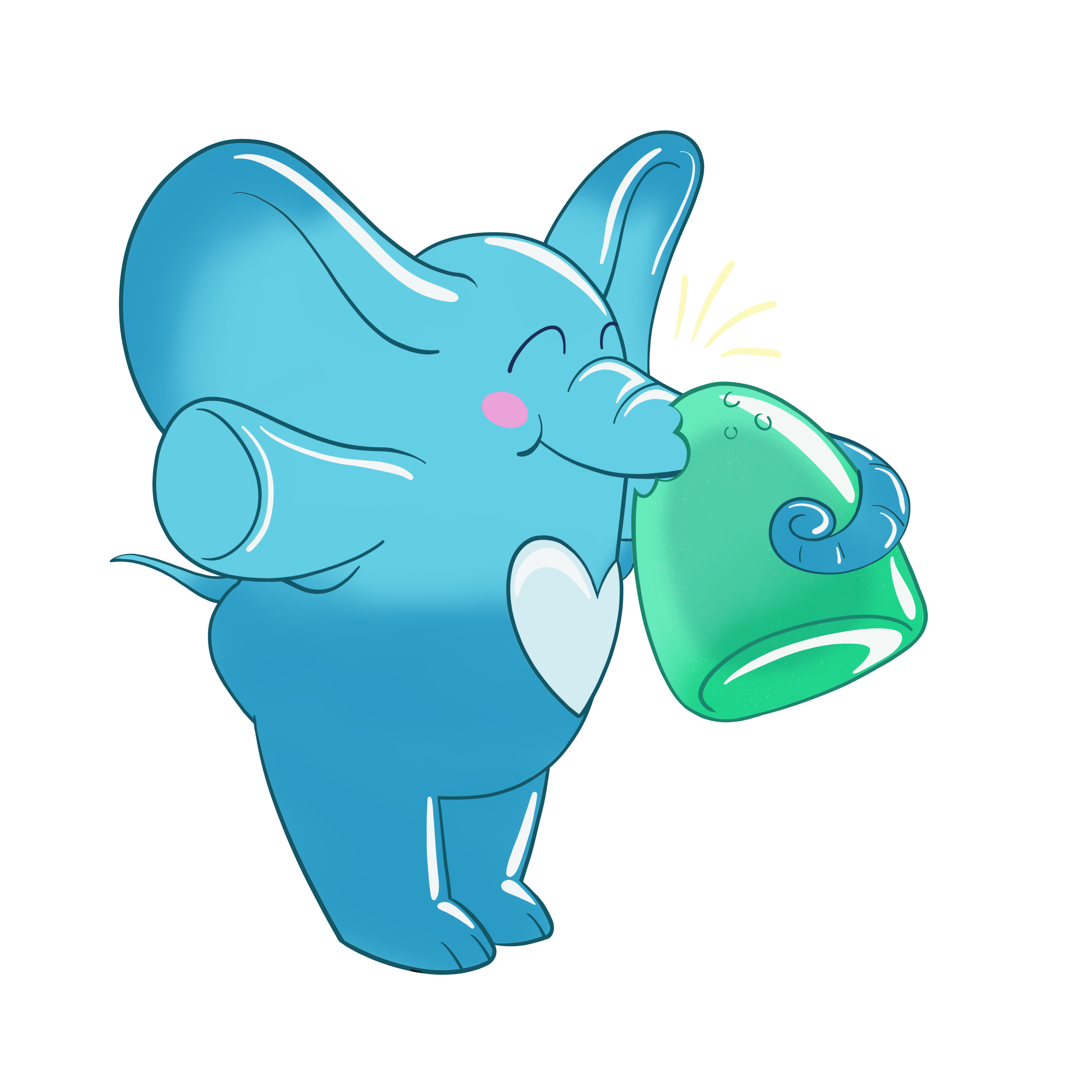 Gumdrop the elephant holding a big green gumdrop with a bite taken out of it.