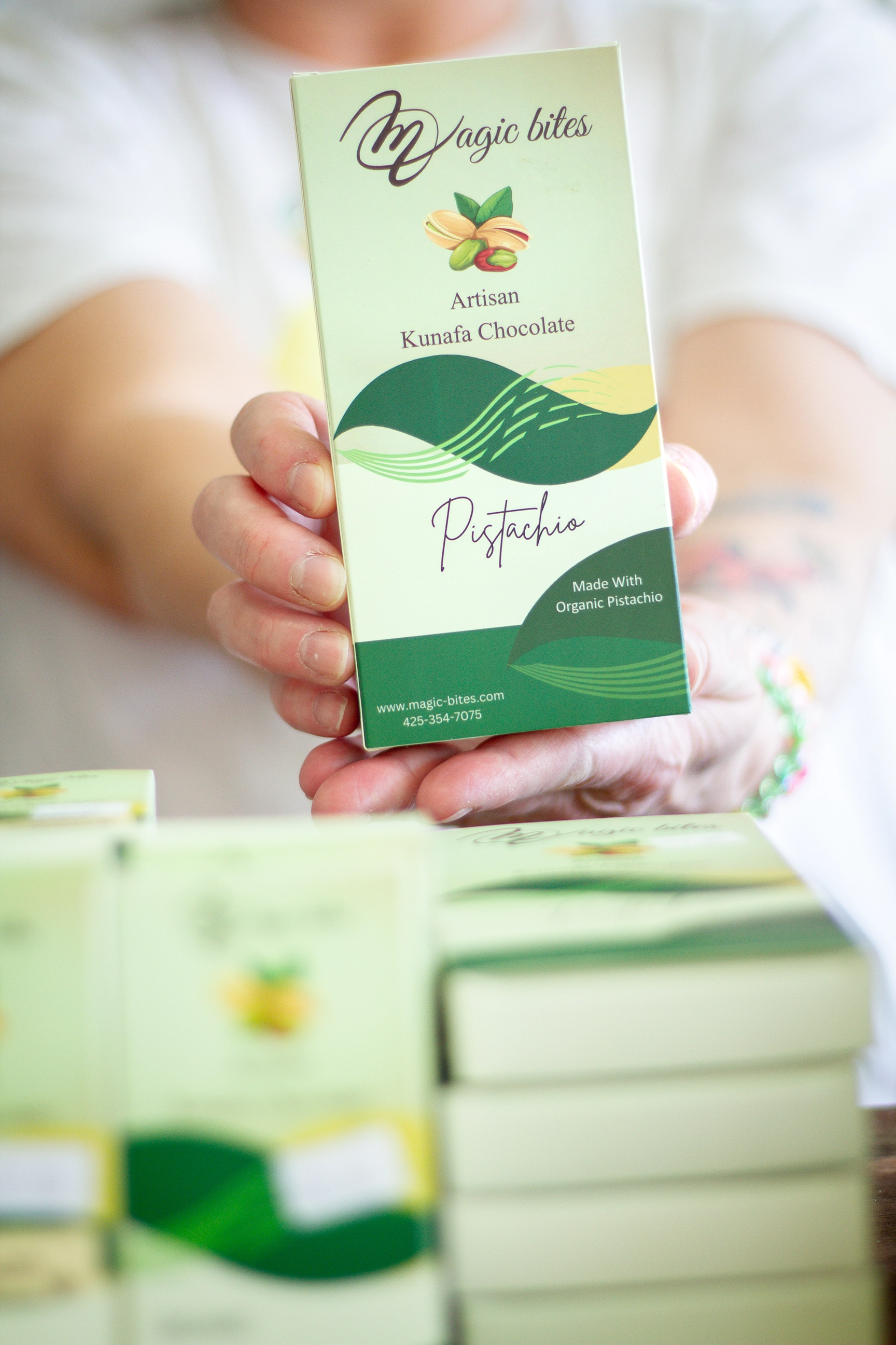 A display of the famous Kunafa chocolate with pistachio creme